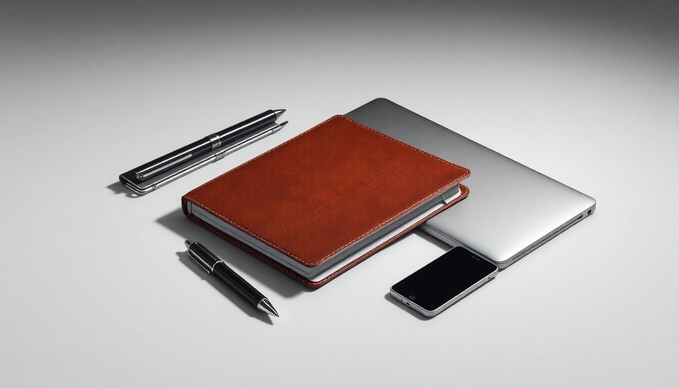 A carefully arranged composition of premium office supplies and business objects, including a leather-bound notebook, a metal pen, and a sleek laptop, set against a clean, monochromatic background with dramatic lighting and deep shadows, conceptually representing the high-level business discussions and strategic insights that will be shared at the upcoming US Summit.