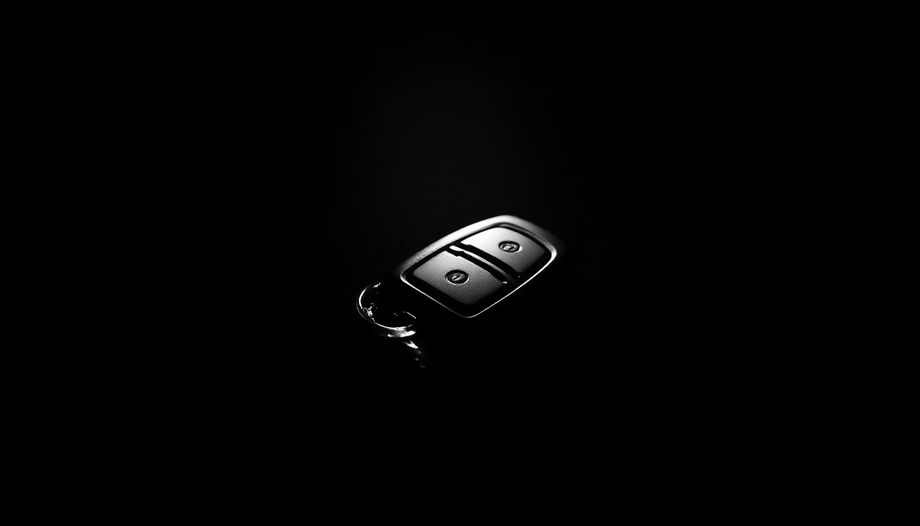 An extreme close-up photograph of a slightly damaged car key fob, reflecting the harsh light of a direct camera flash against a pitch-black background, conceptually representing the aftermath of a vehicle theft.