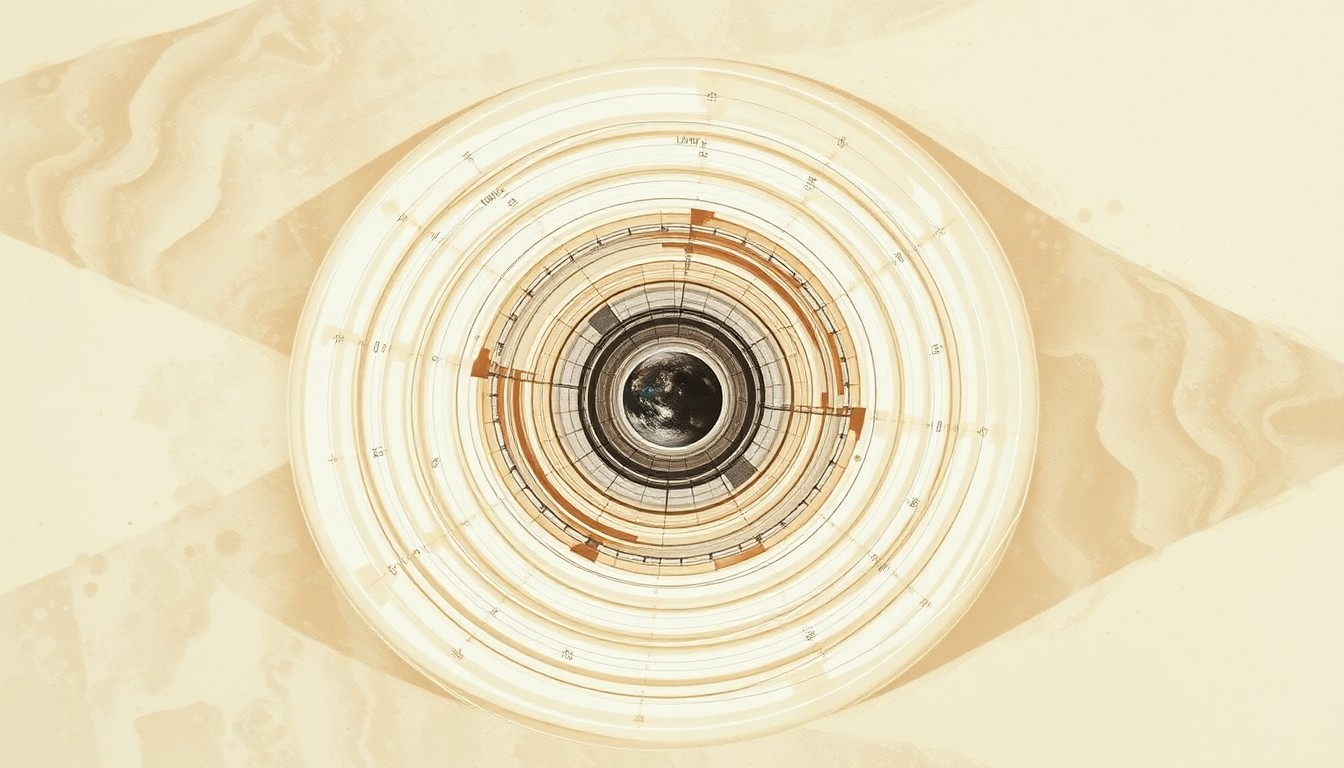 A bold, abstract painting featuring sweeping geometric arcs, concentric circles, and precise botanical spirals in earthy tones, conceptually representing the structural forces and interactions between a spacesuit and the lunar plasma environment.