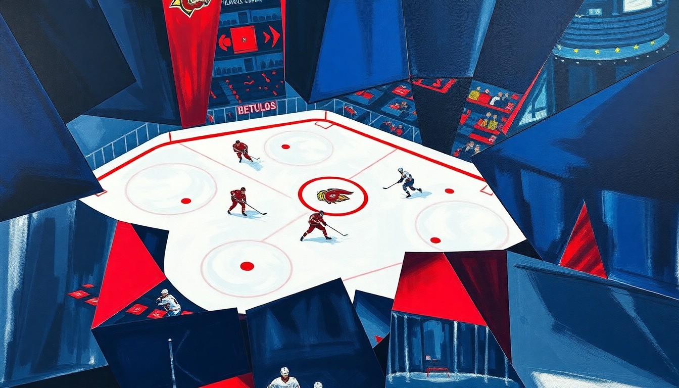 A cubist, geometric painting depicting the chaotic action of a hockey game, with overlapping planes of navy, red, and white shapes representing the players, puck, and arena.