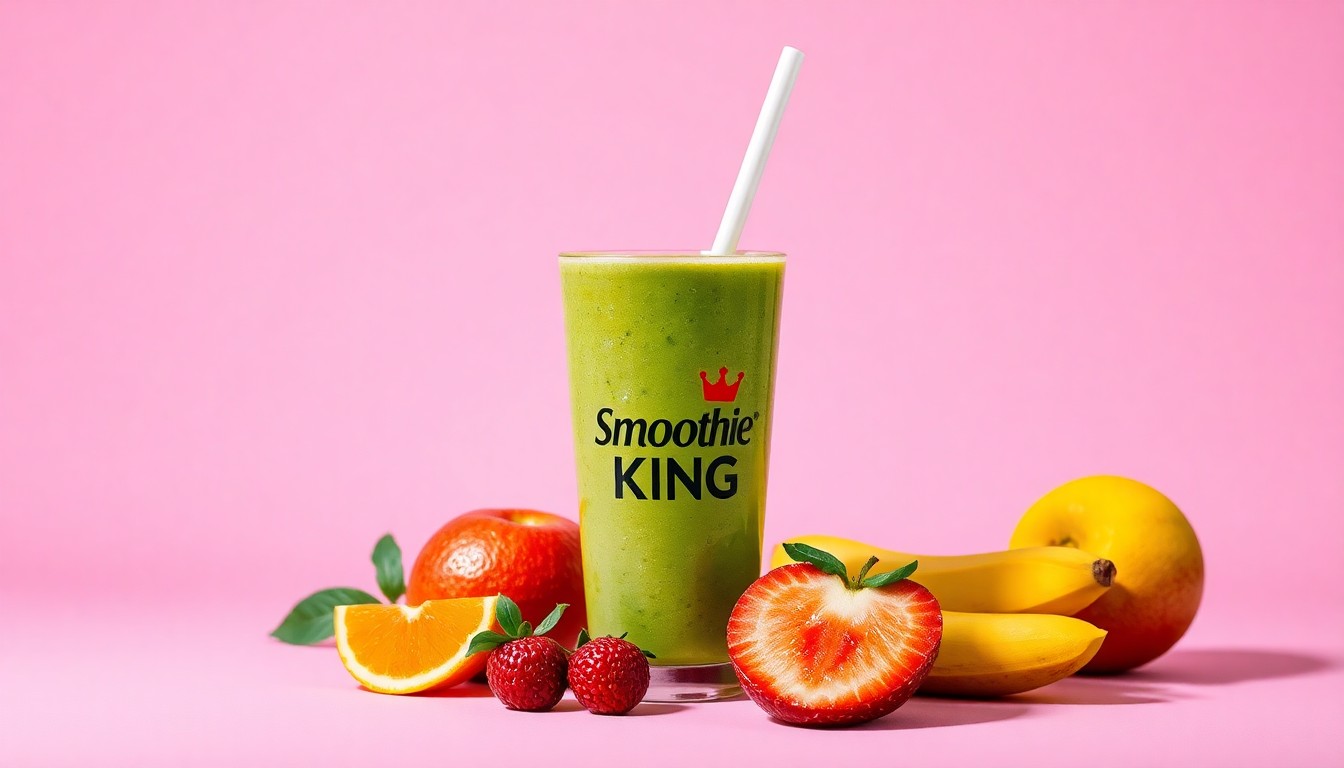 A minimalist, photorealistic studio still life featuring a smoothie glass, fresh fruit, and Smoothie King branded cup and straw, arranged elegantly on a clean, monochromatic background to conceptually represent the premium, health-focused nature of the Smoothie King brand.