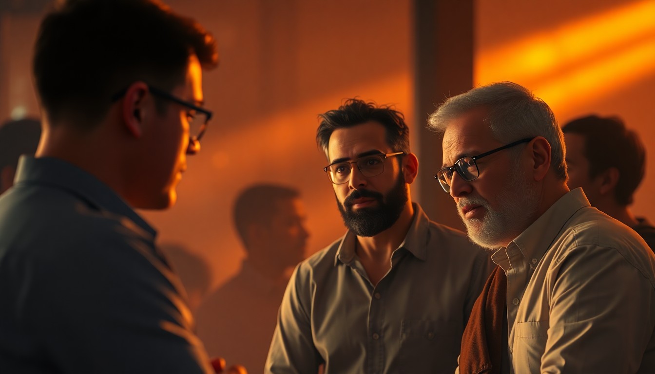 An extremely abstracted, out-of-focus photograph of a group of people engaged in a thoughtful discussion, with soft pools of warm color and light creating an introspective, exploratory mood.