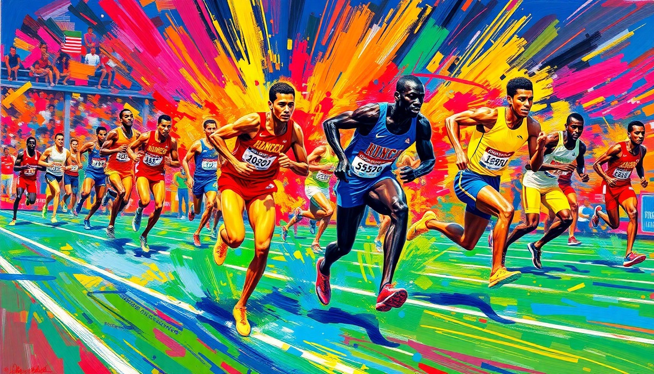 An abstract, energetic painting featuring bold brushstrokes and neon colors that capture the raw movement and competitive spirit of a track and field event.