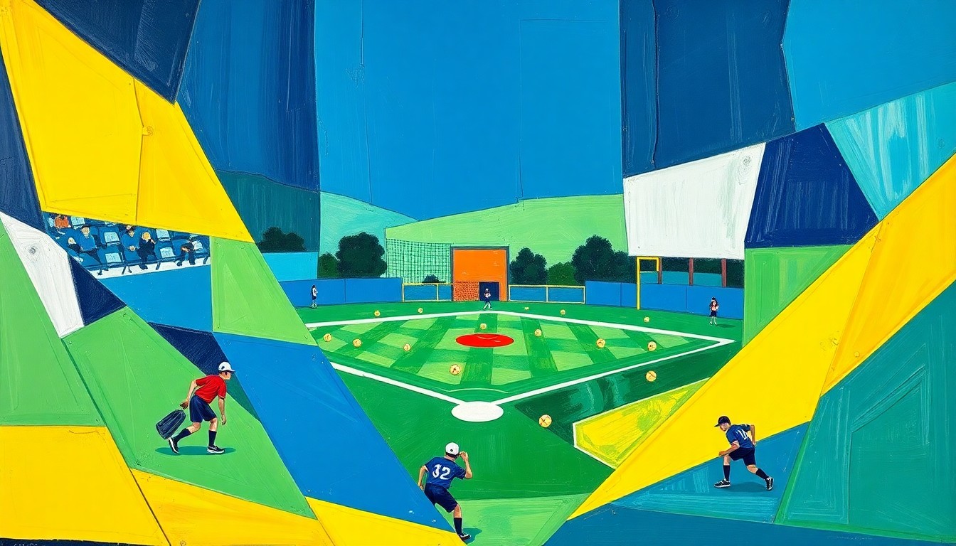 A cubist, geometric painting depicting a high school softball game, with the players and field broken down into sharp, overlapping planes of color, capturing the dynamic energy of the sport.