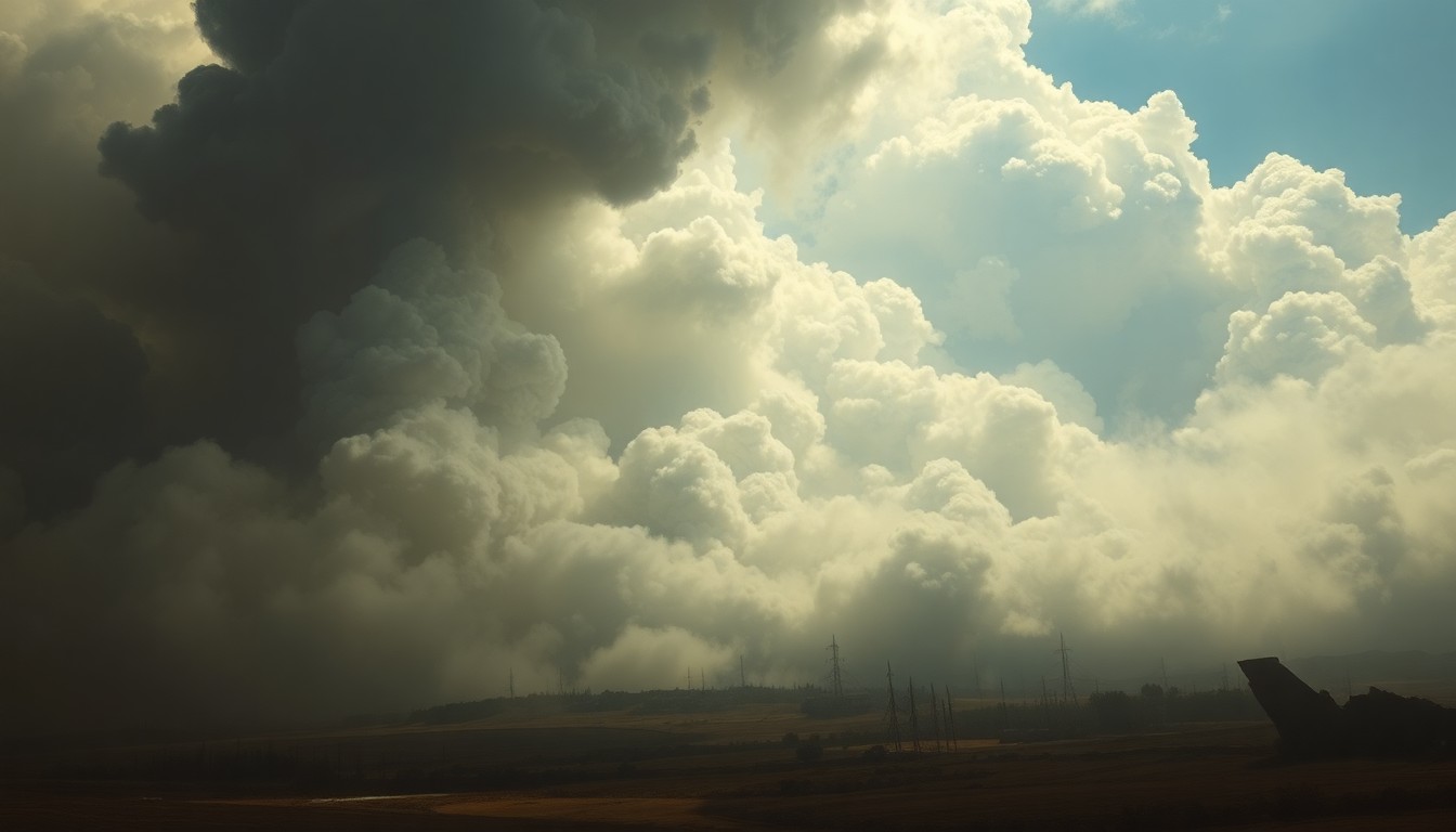 A vast, atmospheric landscape painting in muted earth tones, with a massive, billowing cloud of thick smoke obscuring the horizon and dwarfing any visible structures or vegetation, conveying the overwhelming power of the natural disaster.