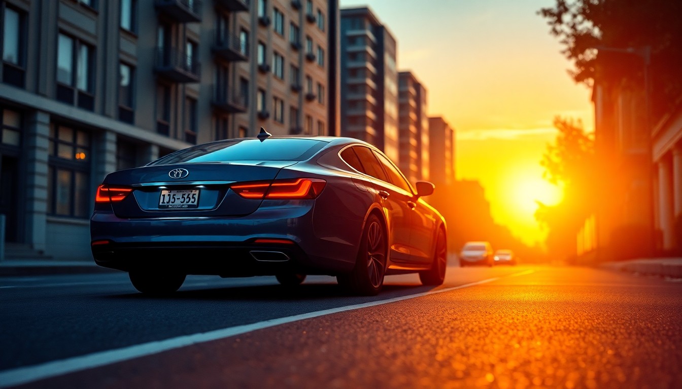 A close-up view of the rear of a car parked on a city street, its license plate reflecting the warm, golden light of the setting sun, conceptually representing the personalization and community connection enabled by Florida's new specialty license plate program.