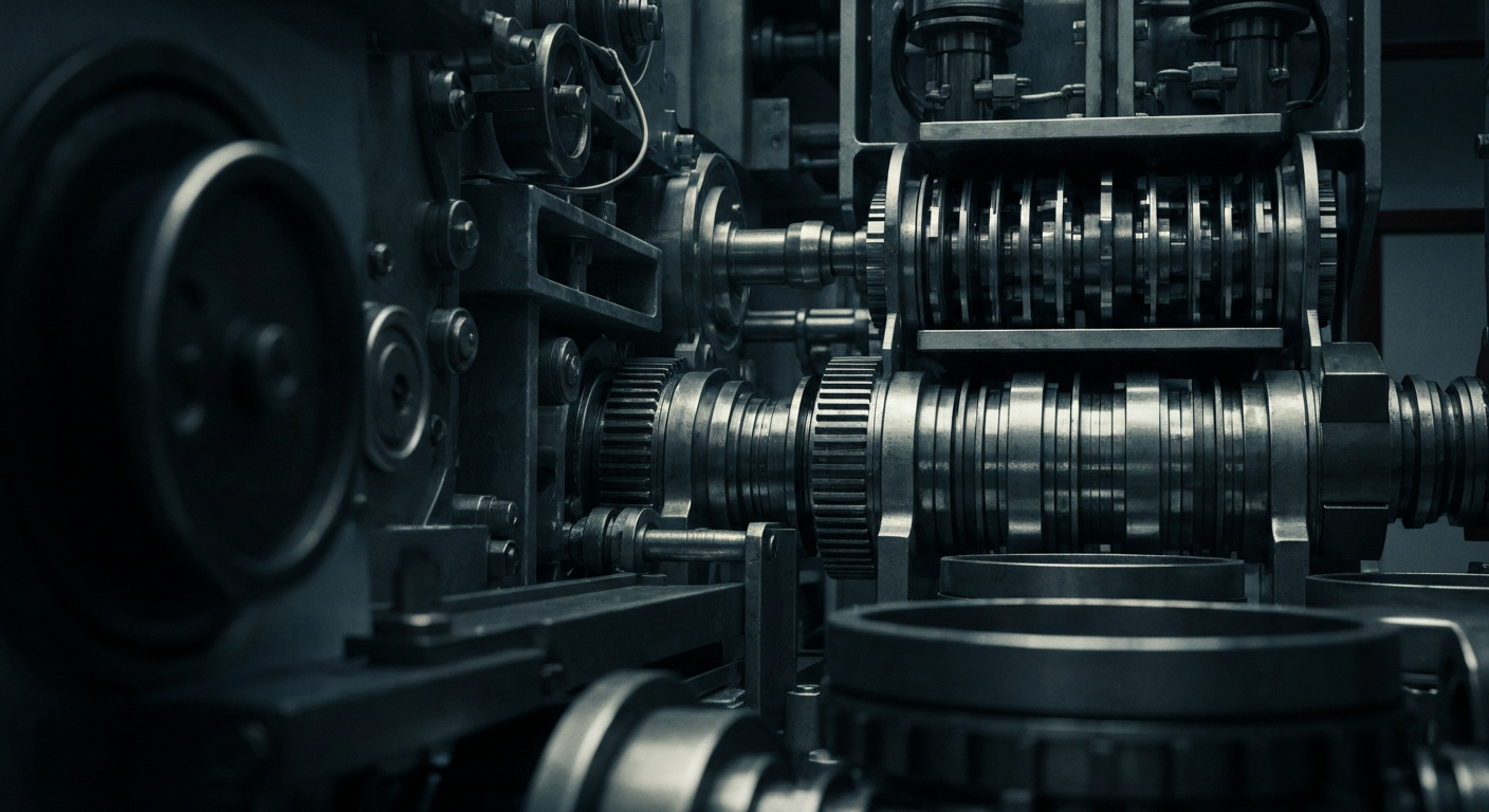 An extreme close-up of gears, levers, and other complex financial machinery, conveying the intricate inner workings of the commercial insurance industry.