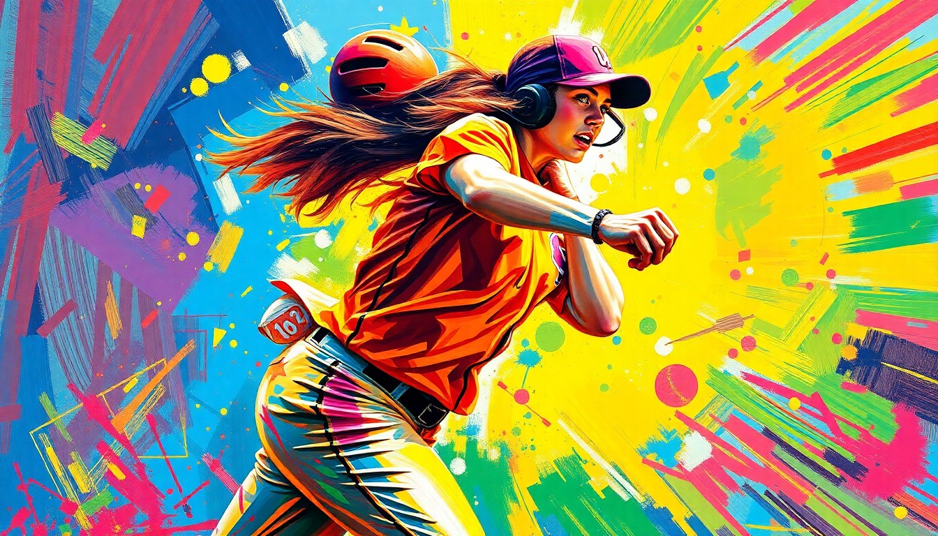 An abstract, energetic painting in neon colors depicting the dynamic motion and power of a high school softball player, capturing the excitement of Mia Clemmer's signing with the University of Texas Longhorns.