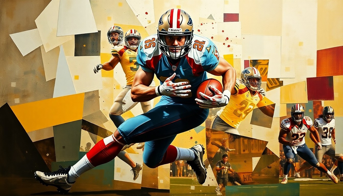 A cubist, geometric illustration depicting the dynamic movements and positioning of a defensive football player, with sharp, overlapping planes of color and form capturing the raw energy and athleticism of the sport.
