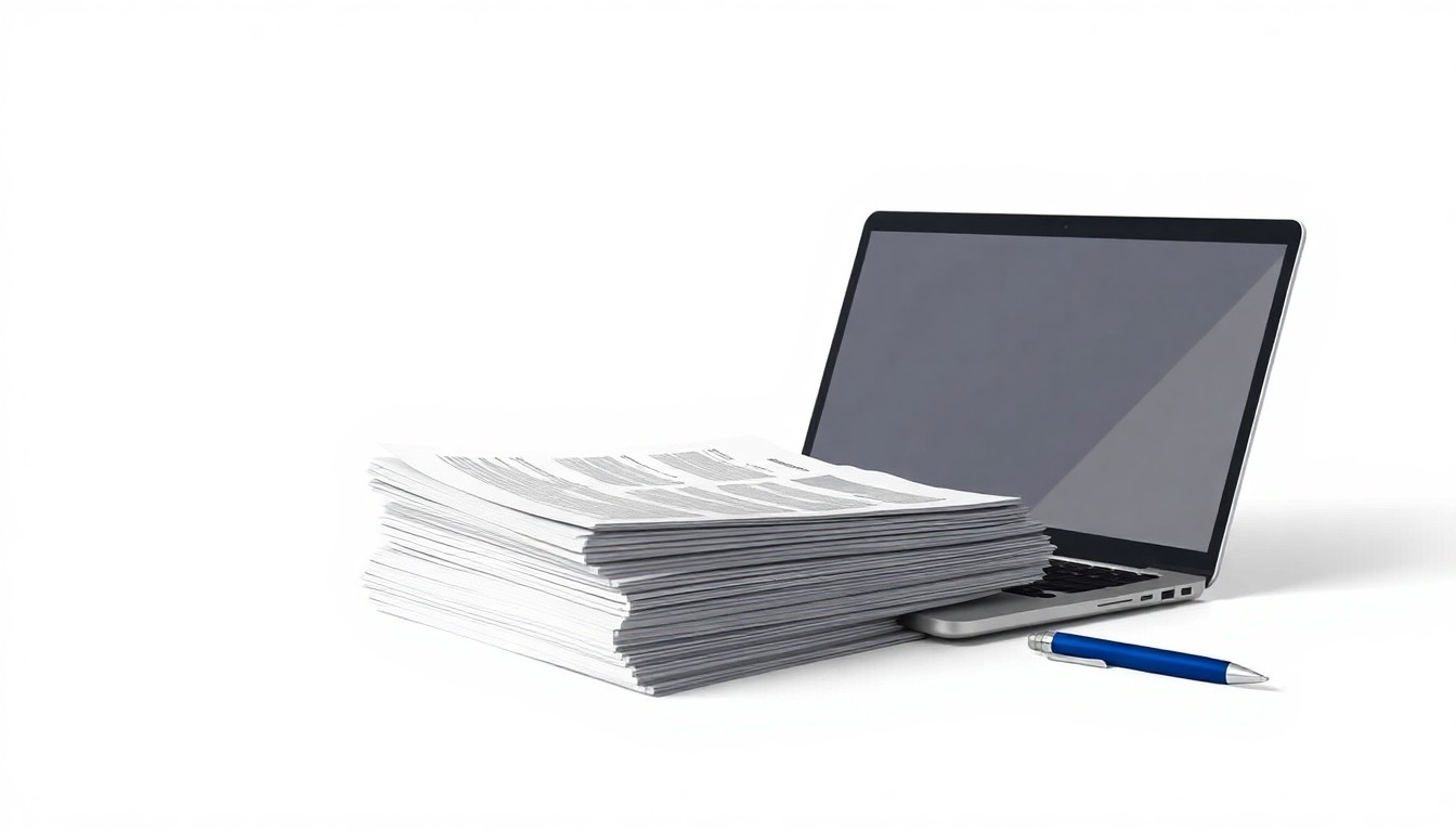 A photorealistic studio still life featuring a stack of financial reports, a laptop, and a pen on a clean, monochromatic background, symbolizing Triller's efforts to stabilize operations and strengthen reporting.
