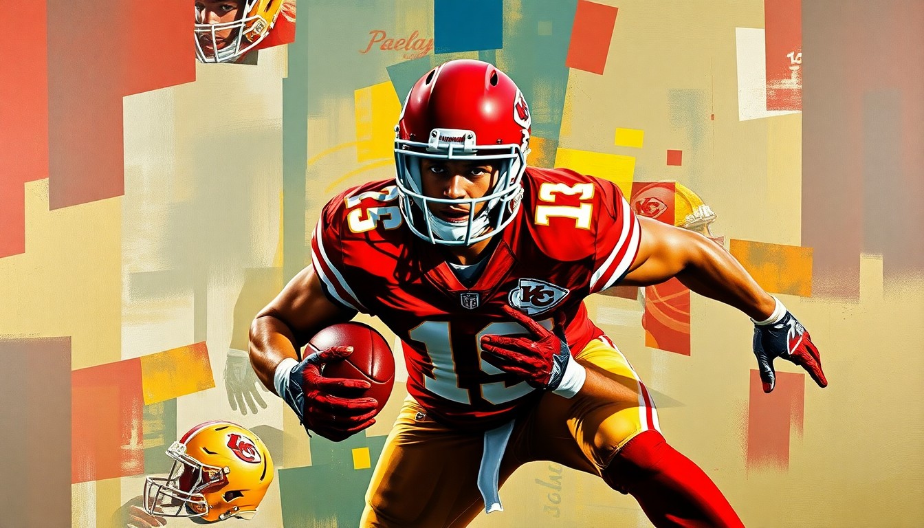 A fragmented, cubist-style painting depicting a football player in a pass rushing stance, with the player's body broken down into sharp, overlapping geometric shapes in the colors of the Kansas City Chiefs.