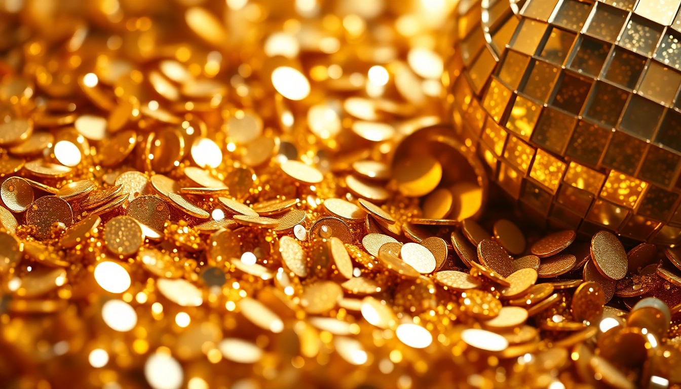 An abstract close-up image of shimmering gold sequins and glittering disco ball fragments, using dramatic lighting to create a high-fashion, glamorous aesthetic.