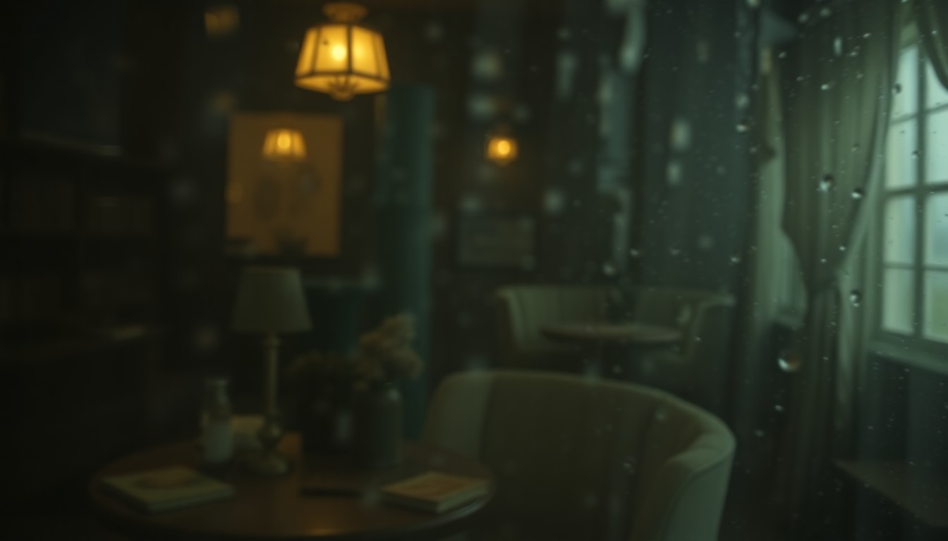 An abstract, out-of-focus indoor scene with muted tones, evoking a sense of historical contemplation and the fragility of human experience during wartime.