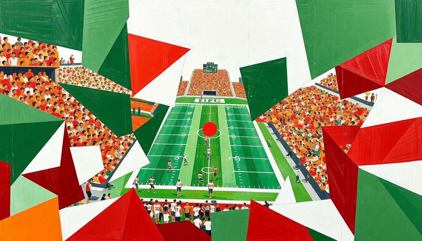 A fragmented, geometric painting depicting a college football game broken down into sharp, overlapping planes of green, white, and red, conceptually representing the scrutiny and debate surrounding top college football programs and players.