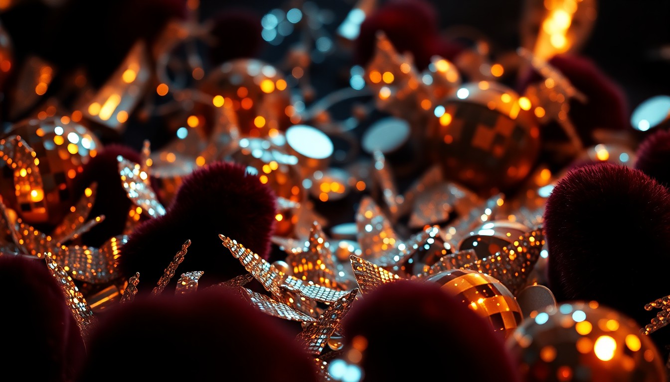 An extreme close-up photograph showcasing the luxurious textures of sequins, glittering disco ball shards, and plush velvet, capturing the glamorous aesthetic of a major concert event.