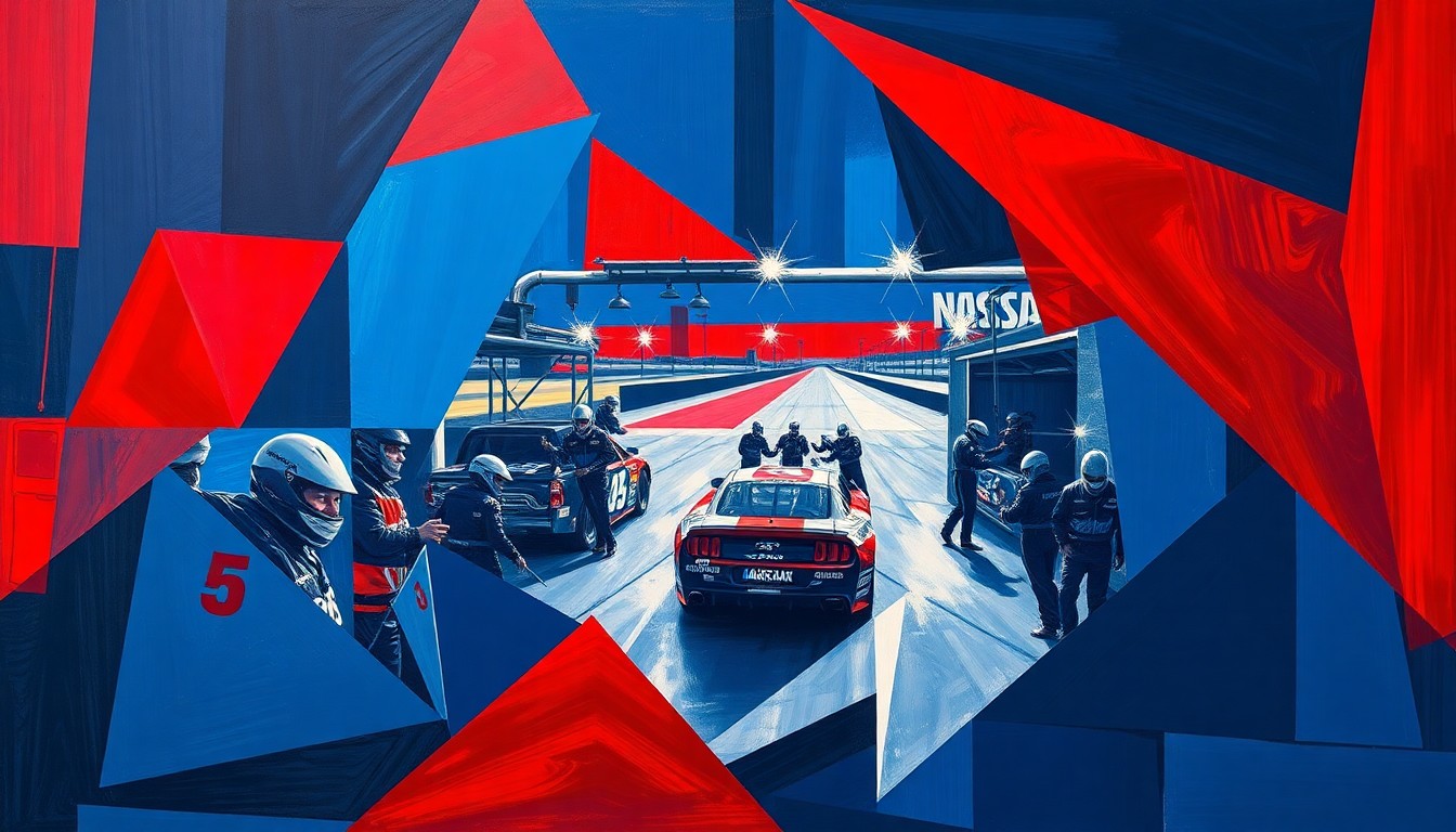 A cubist, geometric painting depicting the chaotic motion of a NASCAR pit stop, with overlapping planes of navy, red, and silver representing the frenetic activity of the crew members and the car itself.