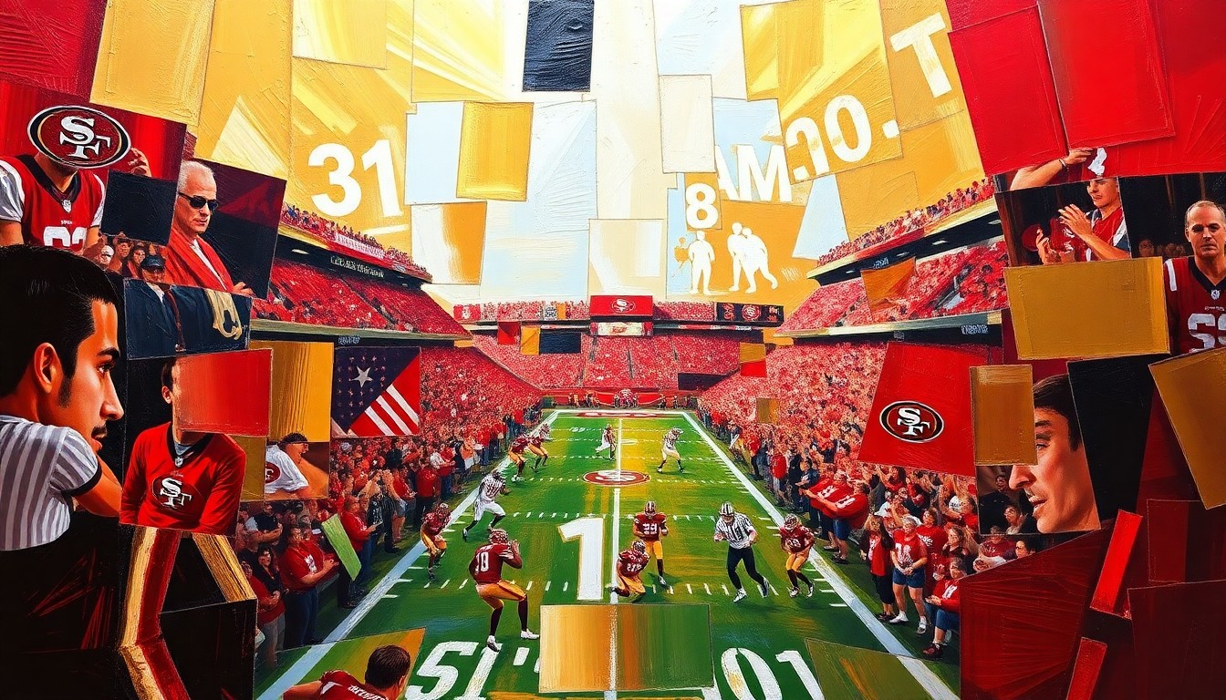 A fragmented, cubist-style painting depicting a 49ers football game, with the players and field broken down into sharp, overlapping geometric shapes in the team's signature colors of red and gold, conveying the dynamic and evolving nature of the team's receiving corps.