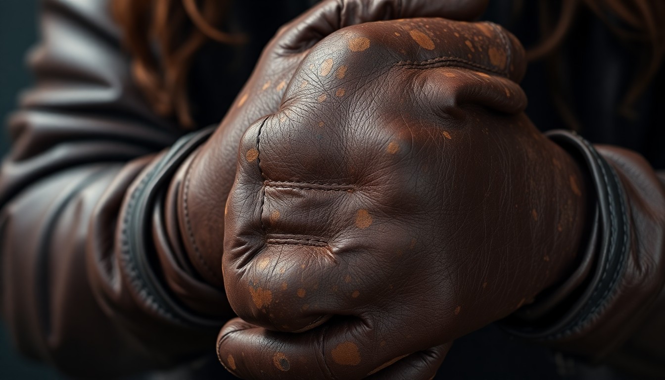 An extreme close-up photograph of a pair of well-worn, weathered leather gloves, capturing the texture and energy of heavy metal performance in a high-contrast, glamorous studio lighting setup.