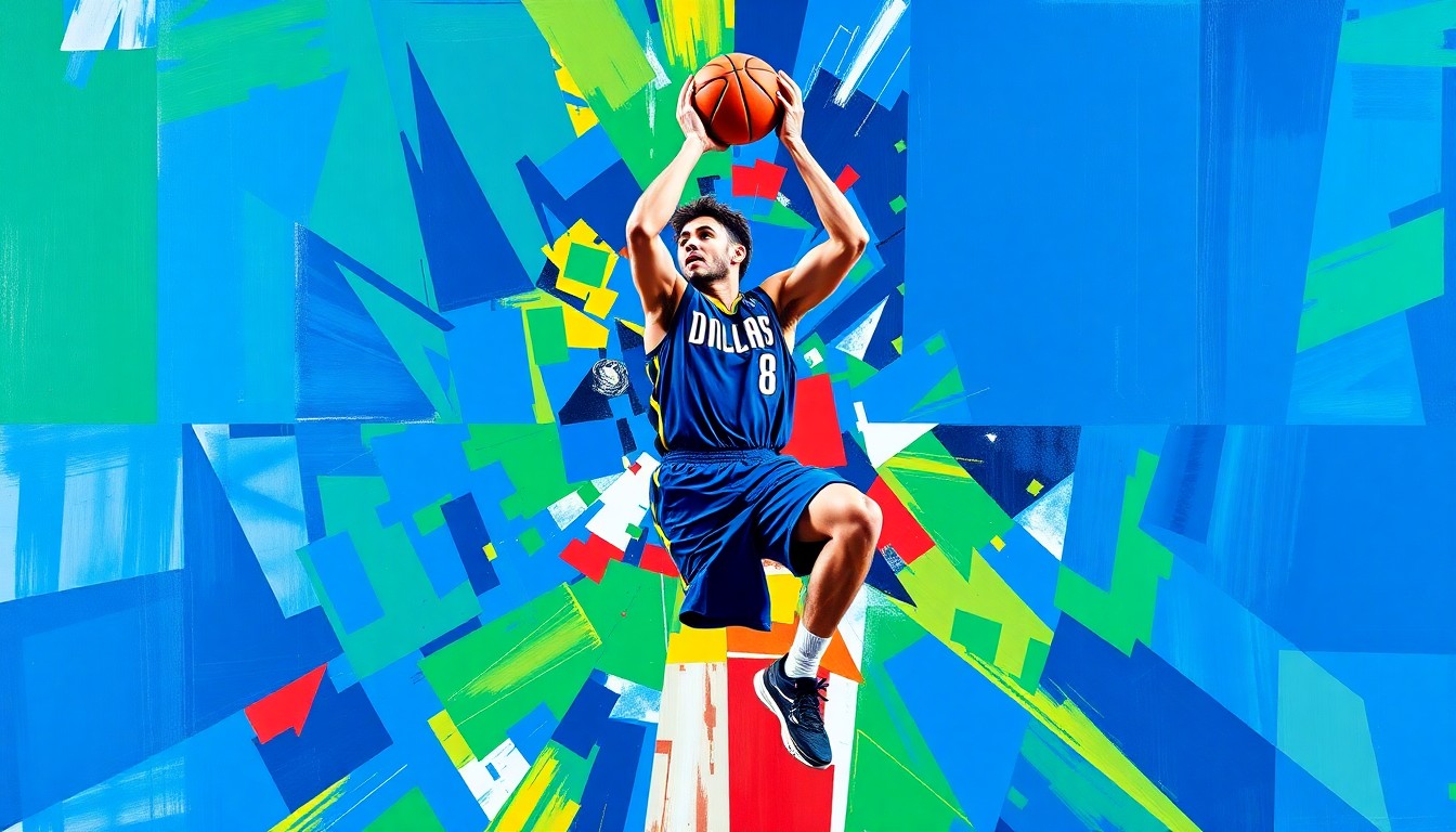 A fragmented, geometric painting depicting a basketball player's movements and actions, with sharp planes of bright blue, green, and white colors representing the Dallas Mavericks' uniform. The conceptual illustration captures the raw energy and talent of a young star player.