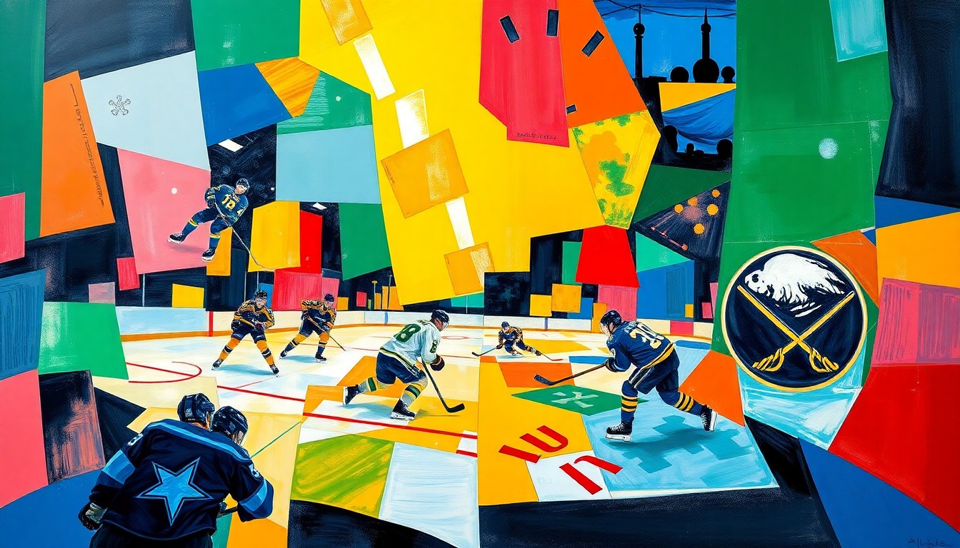 A cubist, geometric painting depicting a fragmented hockey game scene with overlapping planes of color representing the Dallas Stars and Buffalo Sabres teams, conveying the uncertainty and high stakes surrounding the Stars' playoff preparations.
