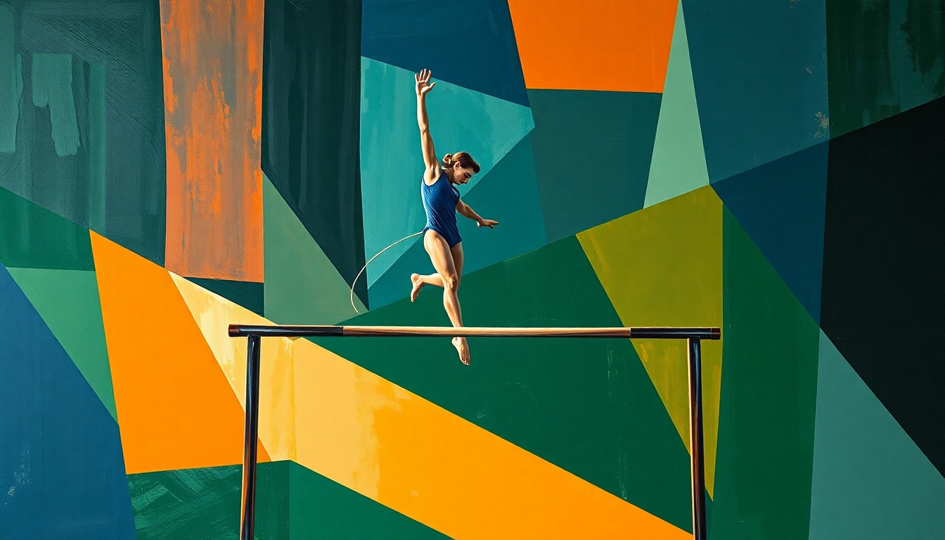 A cubist-style painting depicting a gymnast performing on the uneven bars, with the figure broken down into sharp, overlapping geometric shapes in a palette of navy, green, and orange, conveying the dynamic movement and energy of the sport.