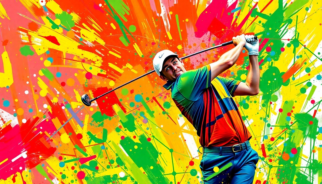 An extreme close-up of Rory McIlroy's powerful golf swing, captured in a vibrant, expressionist painting style using rapid brushstrokes and neon colors that dissolve the surrounding environment into unrecognizable splatters, conveying the raw energy and athleticism of the golfer's championship-winning performance.