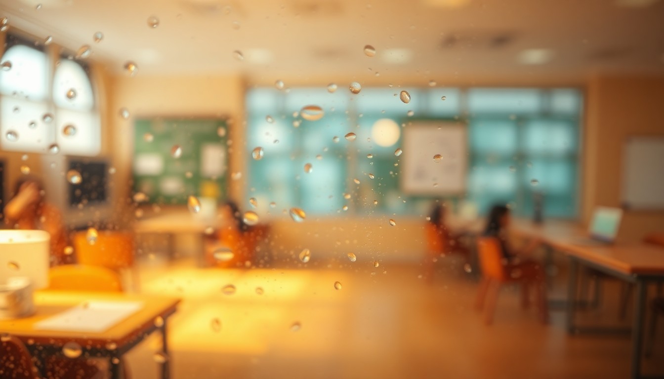 An abstract, dreamlike scene of blurred school supplies, backpacks, and other educational objects in a warm, hazy color palette, conveying a sense of calm and optimism.