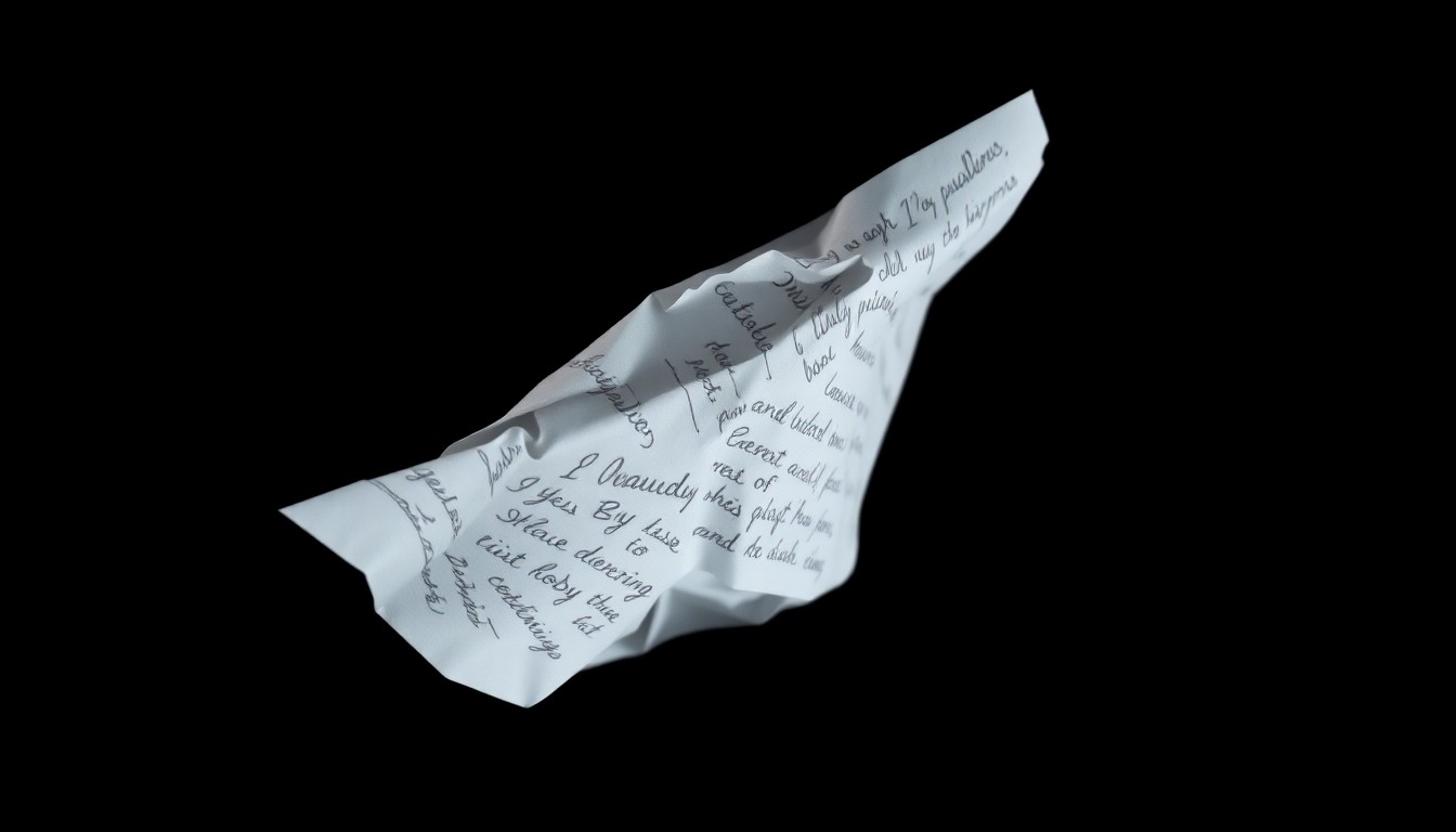 An extreme close-up of a crumpled piece of paper with handwritten notes, lit by a harsh, direct flash against a dark background, conceptually representing the investigation into alleged sexual harassment.
