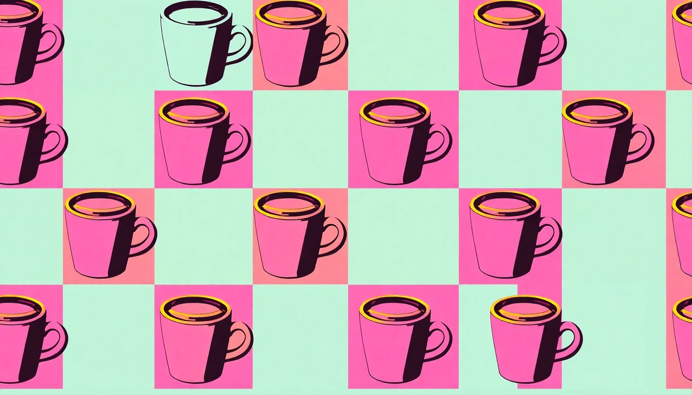 A high-contrast, brightly colored silkscreen print of a makeup compact repeated in a grid, capturing the pop art aesthetic and conceptual themes of the story in an abstract, visually striking way.