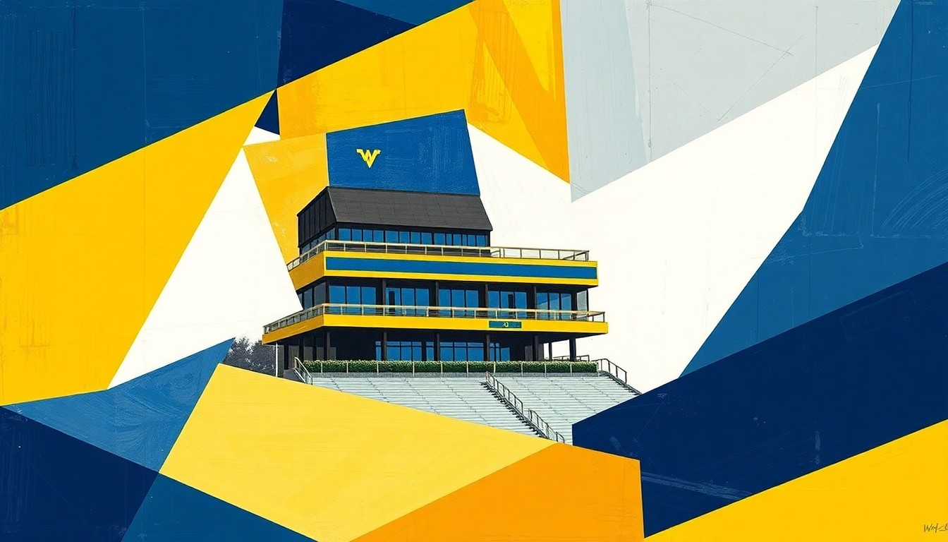 A fractured, cubist-style painting depicting the geometric shapes and planes of the Milan Puskar Stadium press box project, using WVU's official colors to conceptually represent the transformative nature of the renovation.