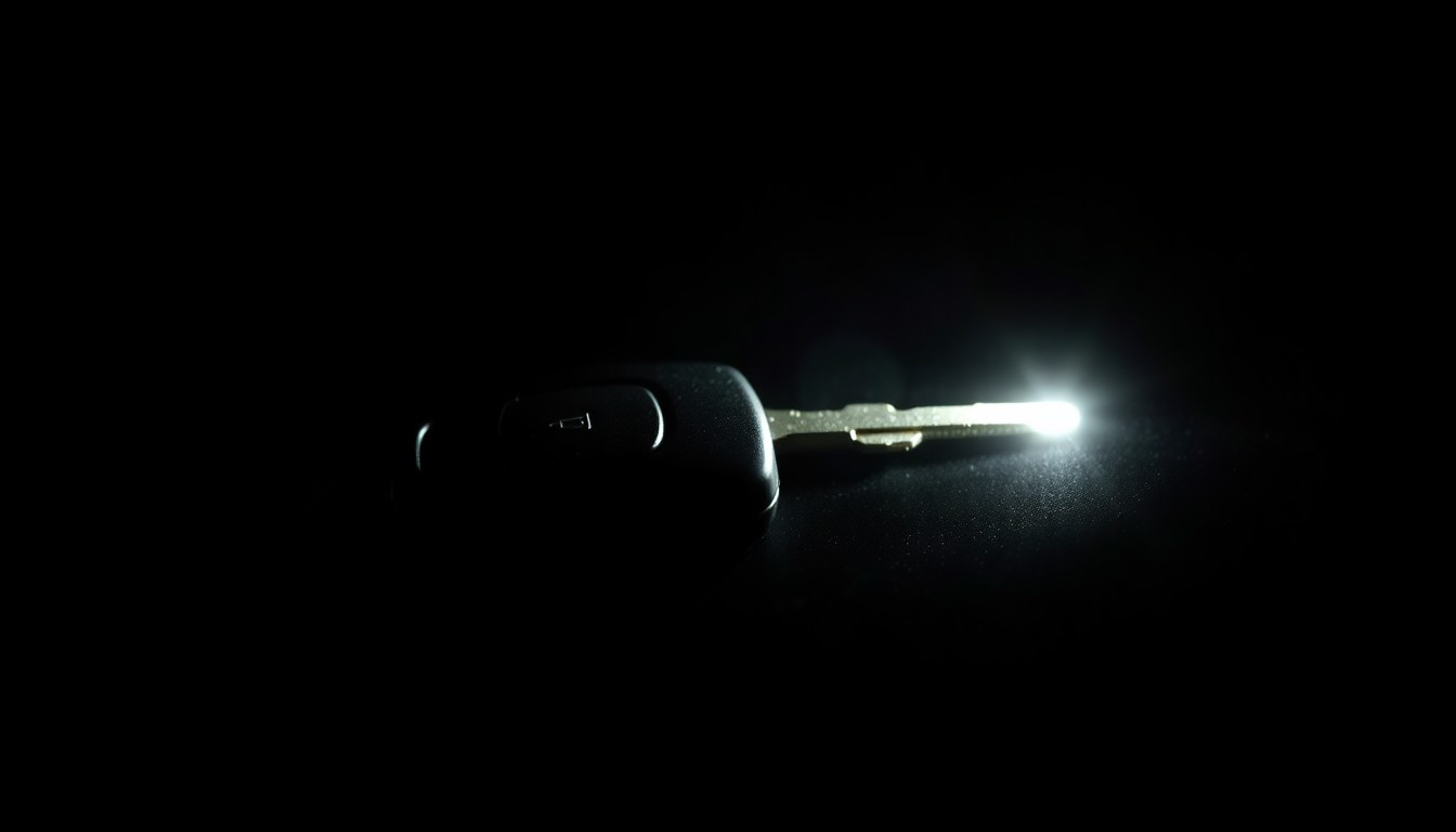 An extreme close-up photograph of a small, metallic object, such as a car key, lit by a harsh, direct camera flash against a pitch-black background, creating a stark, gritty, and investigative aesthetic.