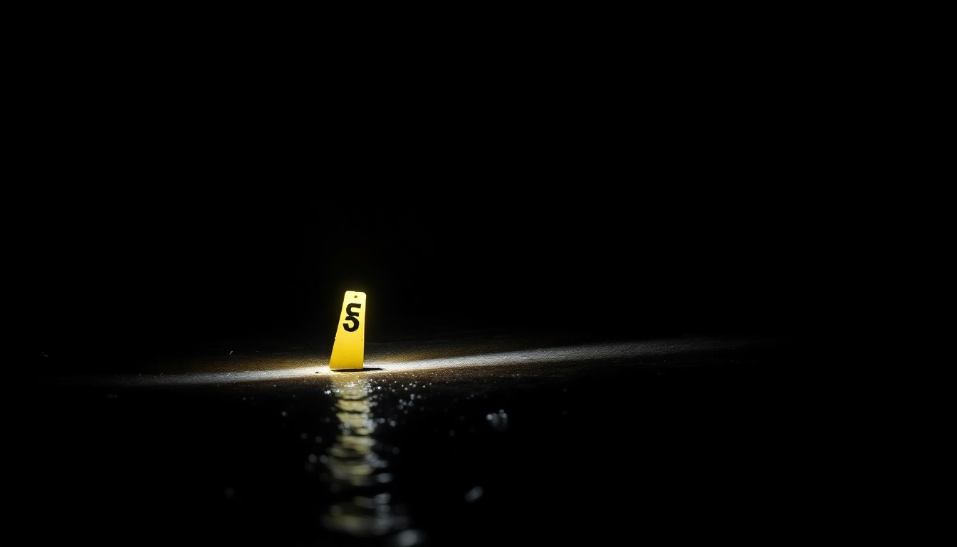 An extreme close-up photograph of a single police evidence marker placed on the ground near the edge of shallow water, creating a stark, gritty, investigative aesthetic through the use of harsh, direct lighting.