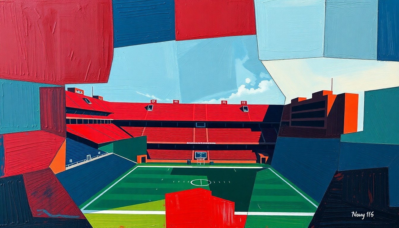 A cubist, geometric painting depicting the fragmented forms of a college sports stadium, using bold colors to convey a sense of change and transition in the athletic department.