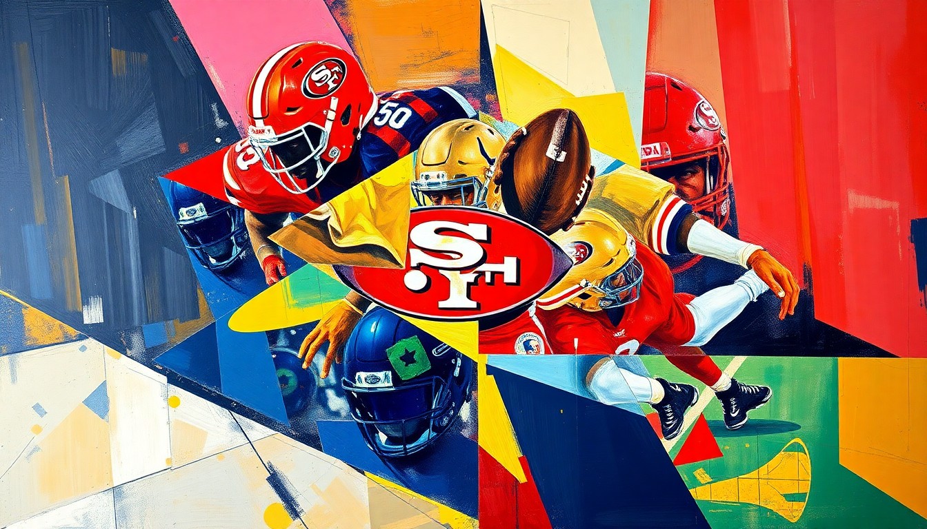 A fragmented, geometric painting depicting various football players and draft prospects in the 49ers' colors, conveying the multifaceted nature of the team's draft performance under John Lynch.