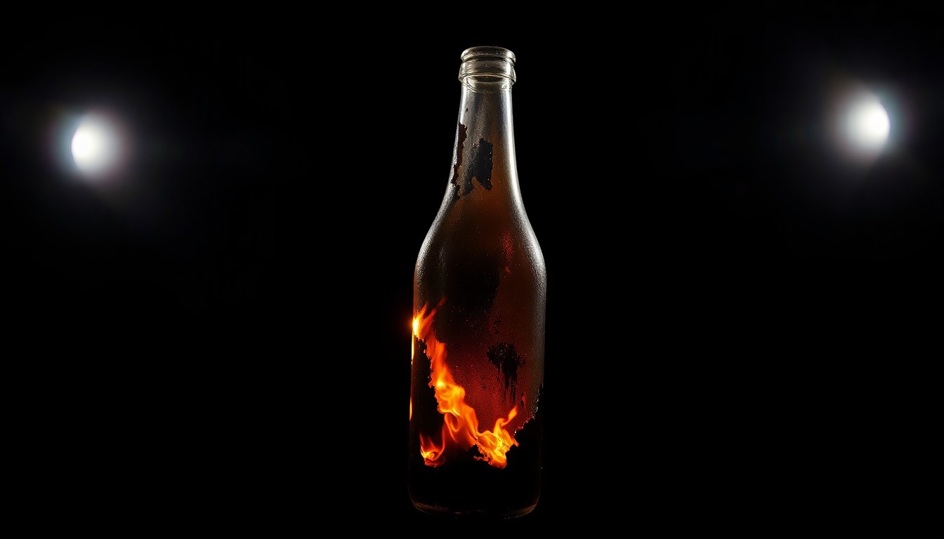 An extreme close-up of a charred, melted Molotov cocktail bottle, capturing the gritty, investigative nature of the crime without depicting actual violence or victims.