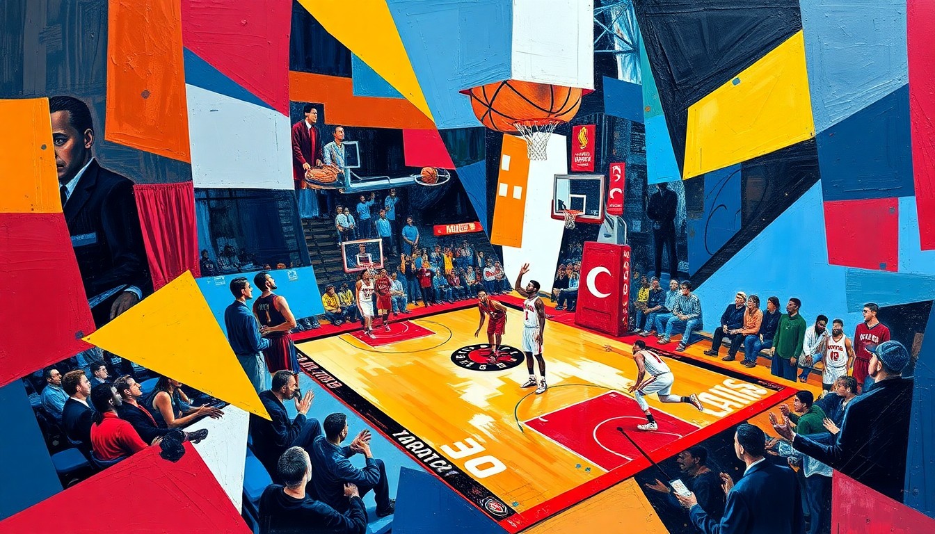 A cubist, geometric painting depicting a basketball game, with sharp, overlapping planes of color representing the Cleveland Cavaliers and Toronto Raptors teams.