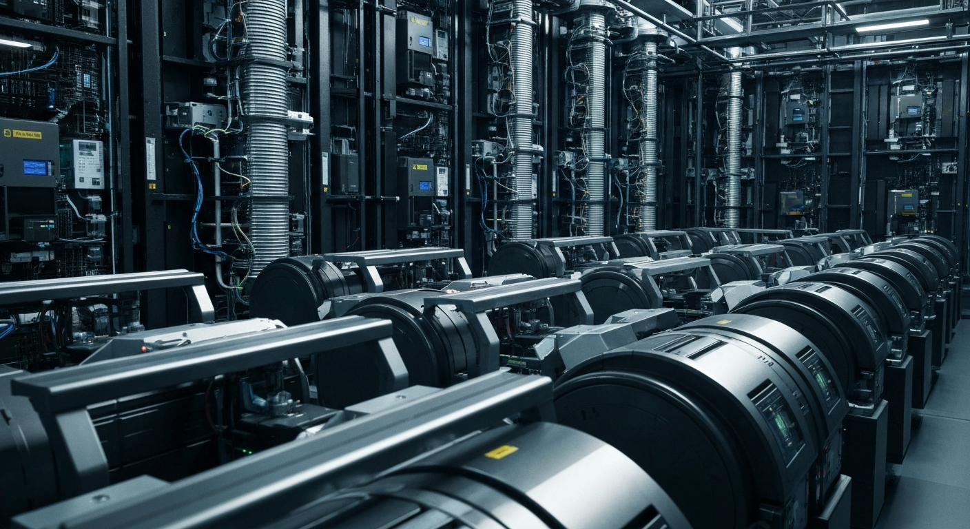 A close-up view of the intricate, industrial-grade machinery and hardware that powers Amazon's cloud computing infrastructure, conveying the scale and technological complexity behind the company's AI capabilities.