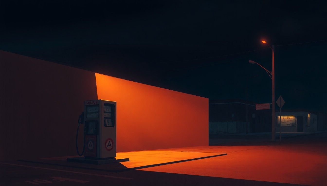 A photorealistic painting of a lone gas pump in a dimly lit urban setting, with warm sunlight casting deep shadows across the scene, capturing a sense of quiet contemplation around the issue of rising fuel costs.