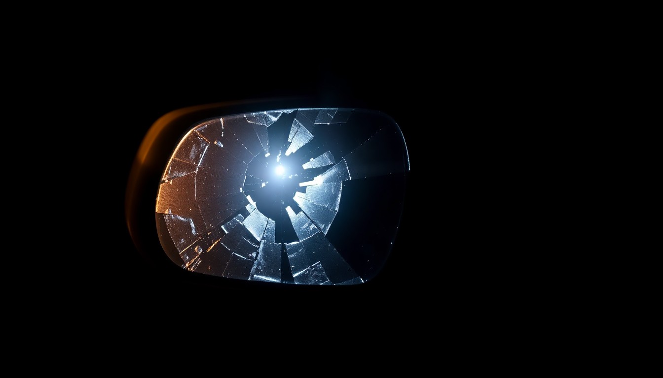 An extreme close-up of a shattered car side mirror reflecting a faint red light, conceptually illustrating the aftermath of a hit-and-run incident.