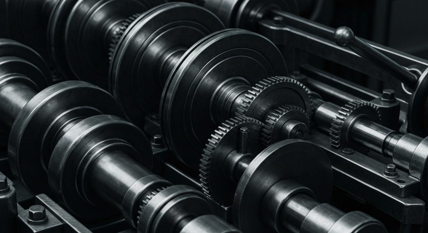 An extreme close-up of the intricate metal gears and levers of a large banking machine, conveying the complex, industrial nature of modern finance without using literal financial symbols.