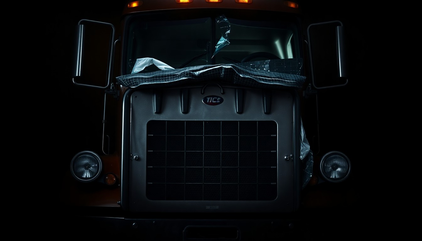 An extreme close-up photograph of the crumpled metal and broken glass of a tractor-trailer's front end, lit by a harsh, direct camera flash against a pitch-black background, conceptually illustrating the gritty, investigative nature of the incident.