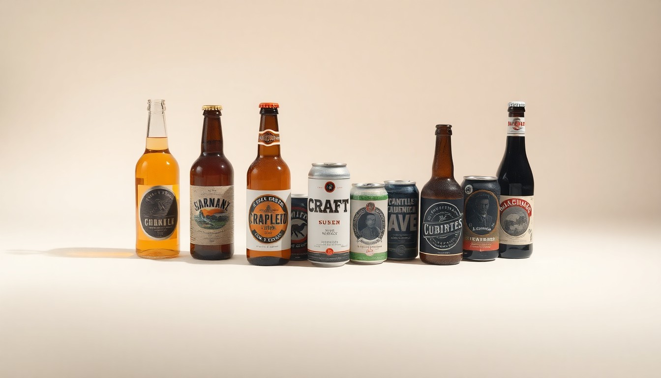A high-end, photorealistic studio still-life photograph featuring a collection of premium craft beer bottles and cans arranged elegantly on a clean, monochromatic background, conceptually representing the challenges facing the craft beer industry.