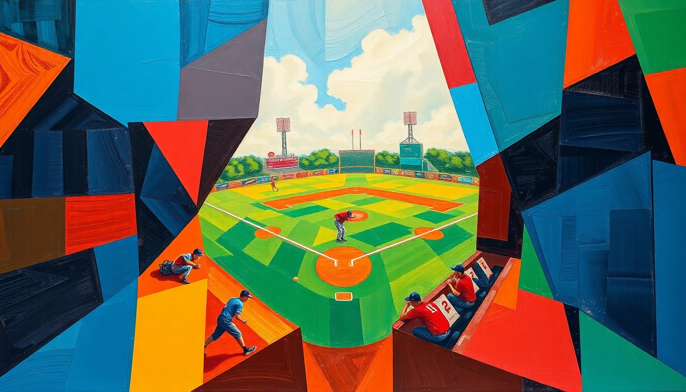 A cubist, geometric painting depicting the dynamic motion and energy of a high school sports competition, with overlapping planes of color and form.