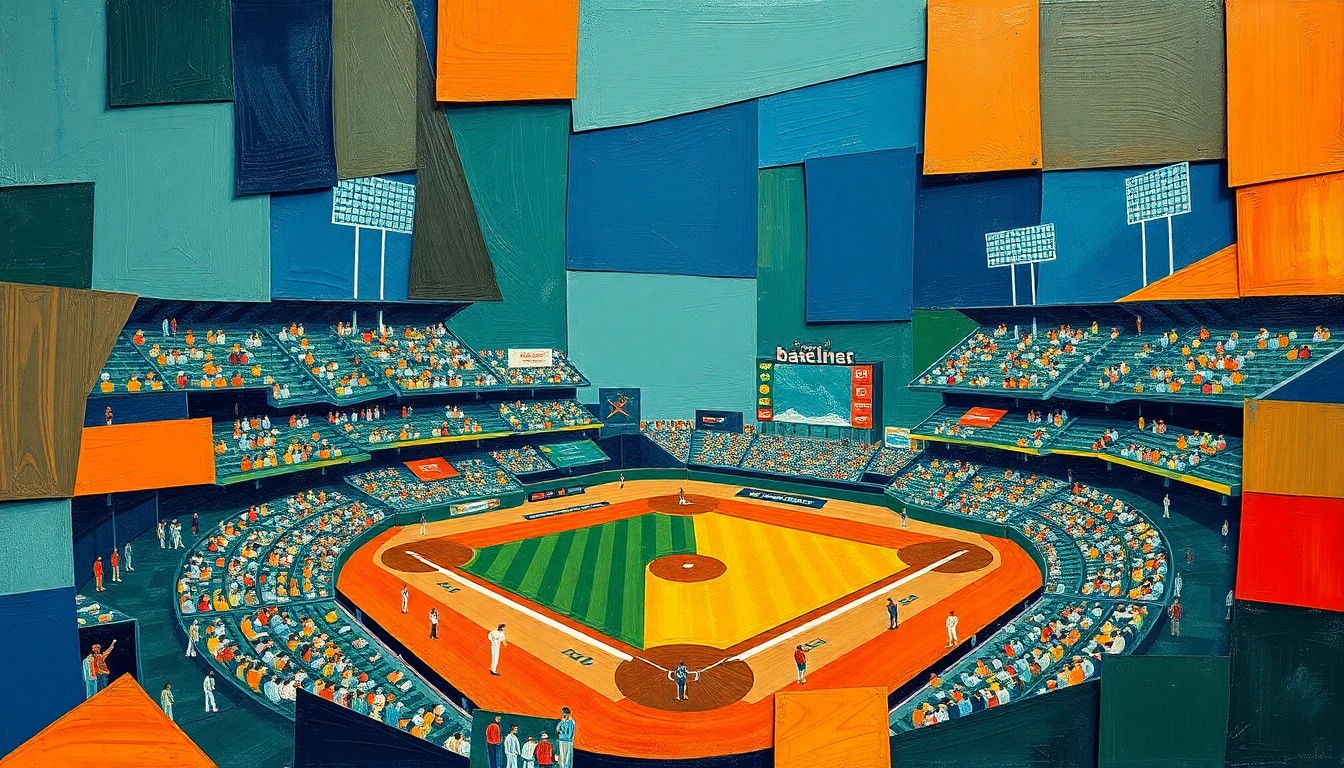 A cubist-style painting depicting a fragmented, geometric representation of a baseball game, with sharp planes of navy, green, and orange overlapping to create a dynamic, abstract composition.