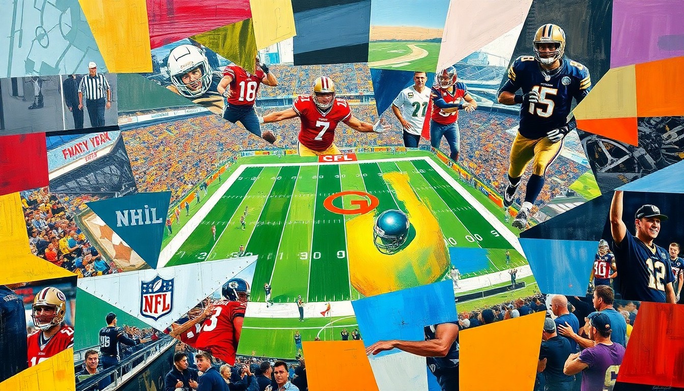 A cubist, geometric painting depicting a fragmented, multi-perspective view of an NFL draft event, with sharp planes of color and form representing the complex strategic decisions facing teams.