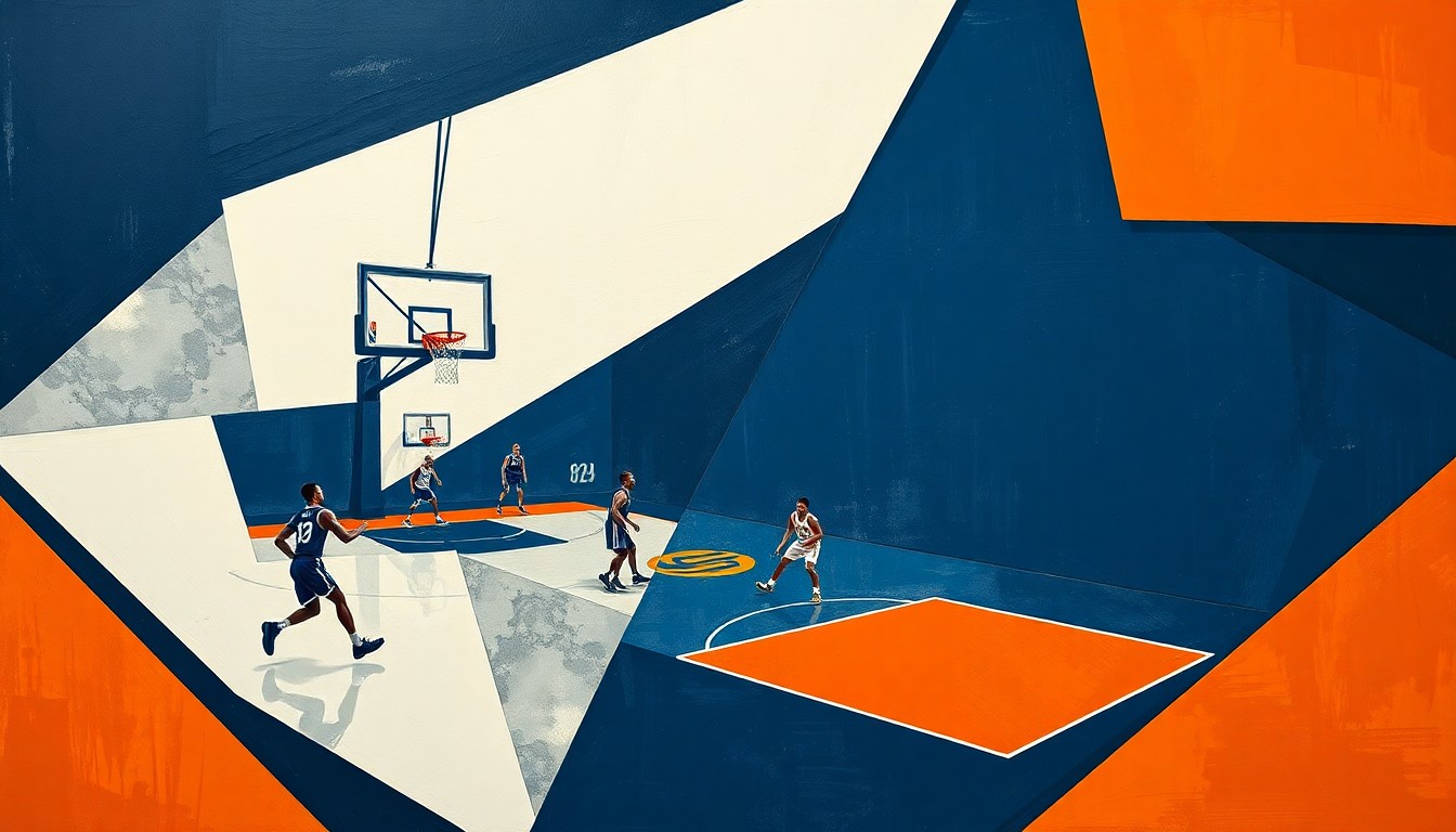 A fractured, multi-perspective painting breaking down a basketball game into sharp, overlapping geometric planes of navy blue, orange, and white, capturing the strategic complexities of the Thunder's championship aspirations.