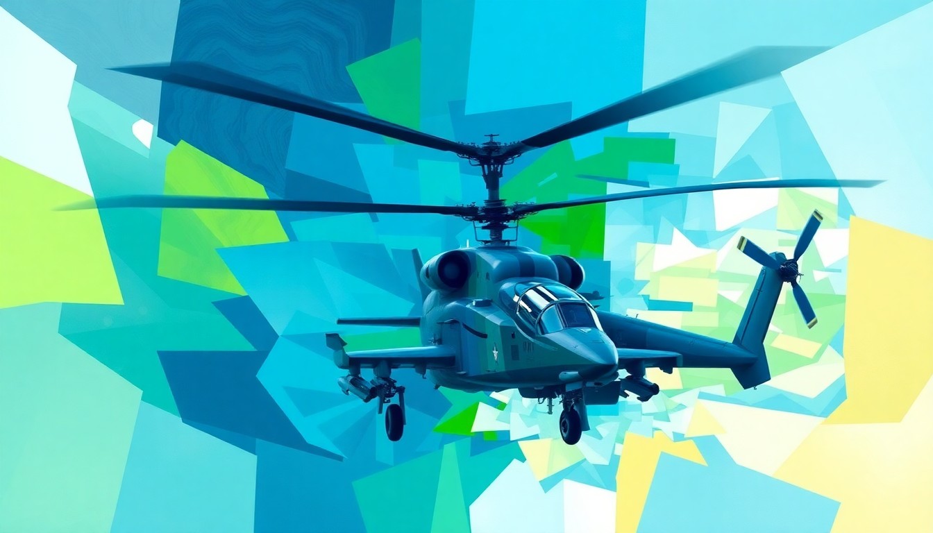 A dynamic, abstract painting of an AH-1Z Viper helicopter in overlapping, fractured geometric shapes and brushstrokes, capturing the speed and technological transformation of modern military aviation.