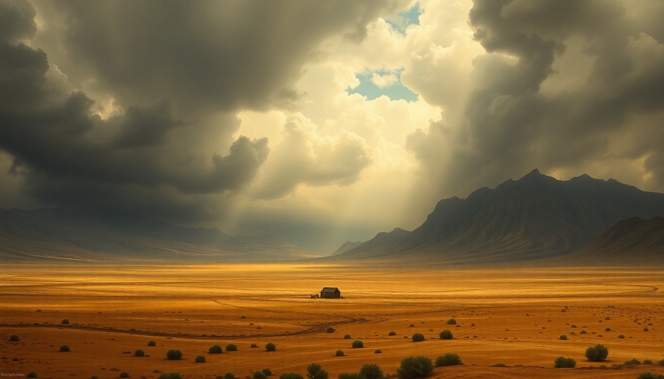A dramatic landscape painting in muted earth tones, featuring a vast, windswept desert scene under a heavy, brooding sky, conveying the overwhelming power of the natural environment.