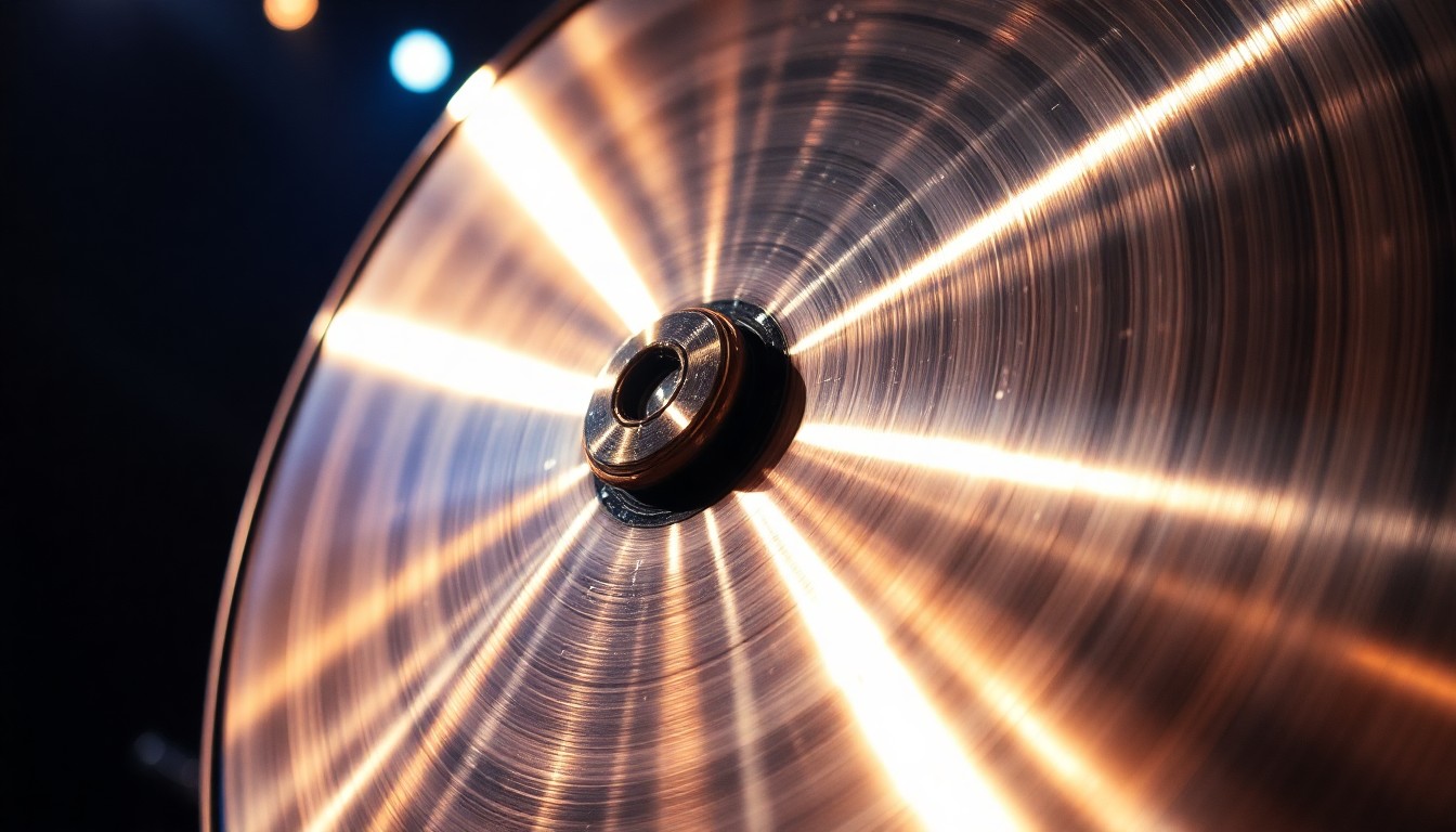 An abstract close-up photograph of a highly reflective, metallic drum cymbal, capturing the intense energy and raw power of live rock music performance.