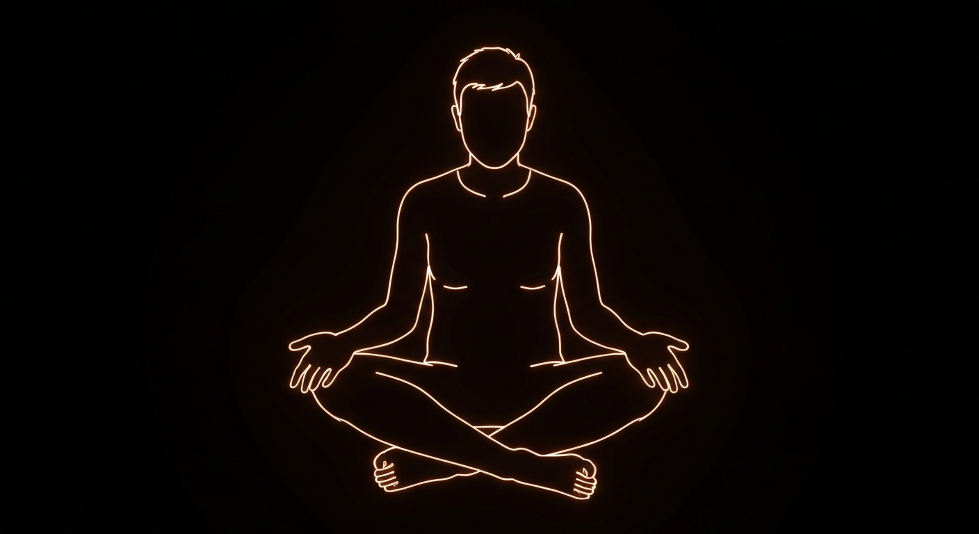 A minimalist, neon-outlined figure in a meditative pose, representing the emotional exploration and self-awareness fostered by psychedelic therapies.